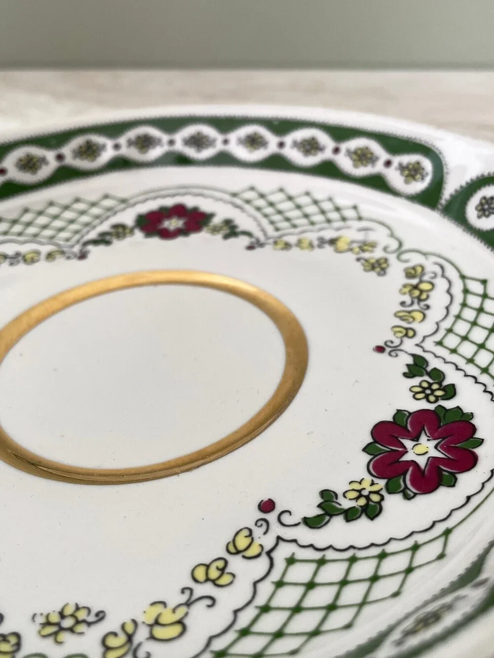 Vintage USSR Soviet Porcelain Saucer | Green Floral Gold Trim Collectible